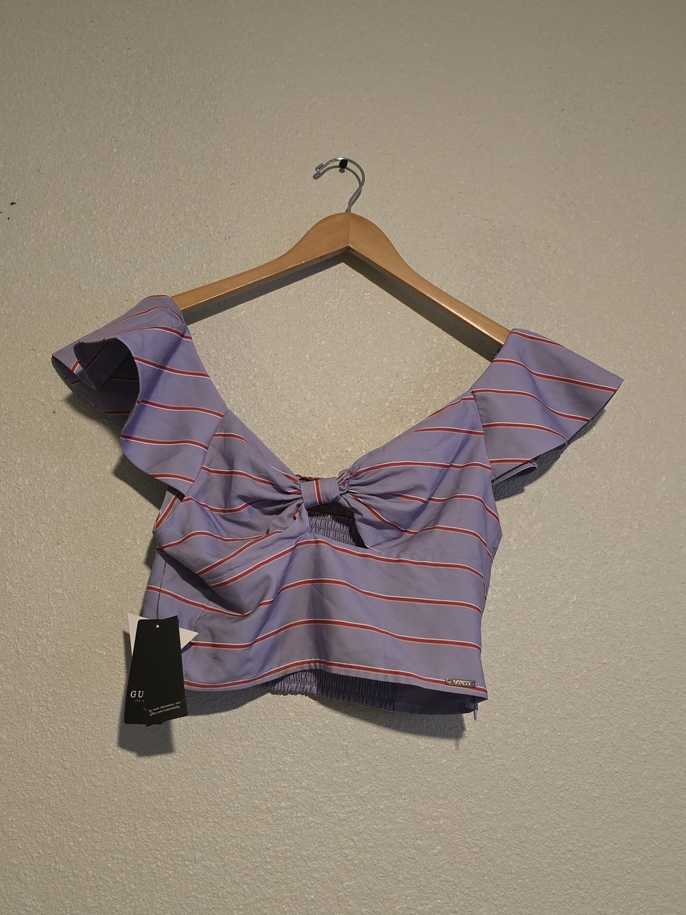 GUESS Lavender Stripe Tie-Front Ruffle Crop Top